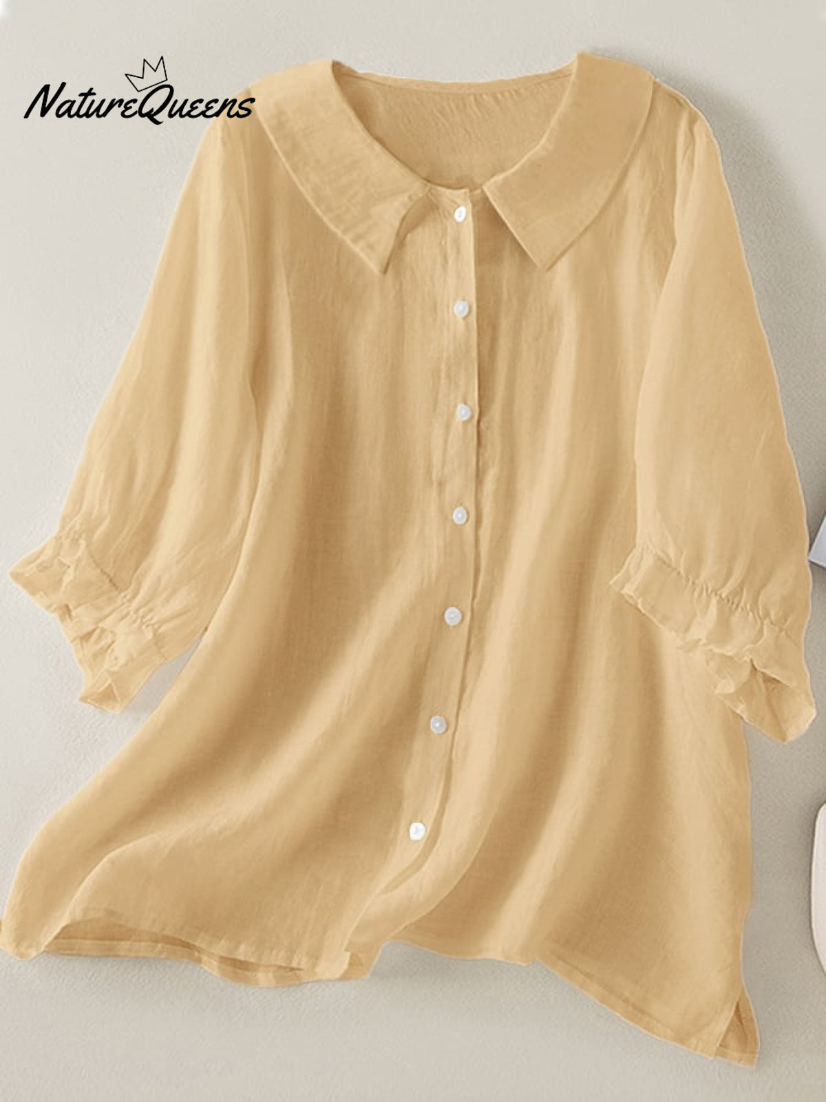 Cotton And Linen Solid Color Five-Quarter Sleeve Lapel Loose Shirt