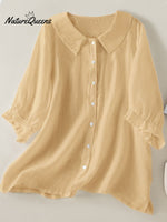 Cotton And Linen Solid Color Five-Quarter Sleeve Lapel Loose Shirt