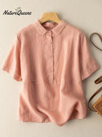 Cotton Solid Color Artistic Retro Loose Short Sleeve Shirt Pink / M
