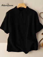 Cotton Solid Color Artistic Retro Loose Short Sleeve Shirt Black / 2Xl