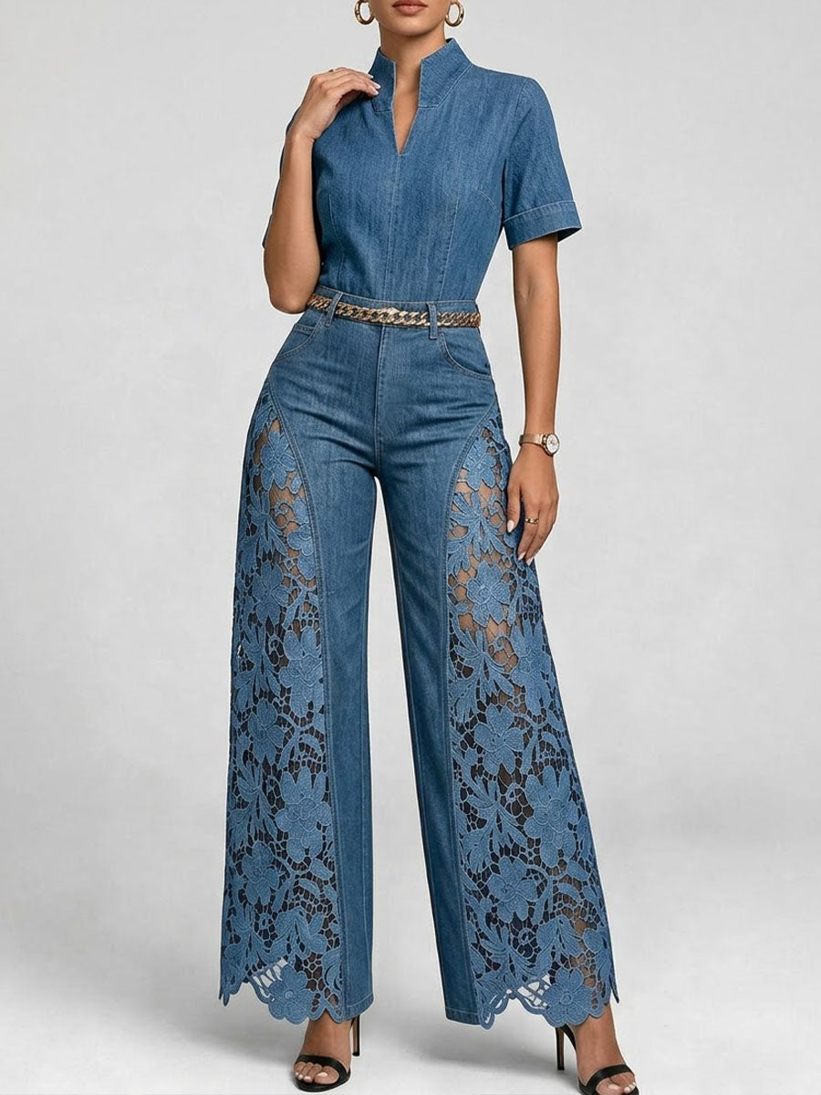 Women's V-neck Short-sleeve Cutout Lace Casual Loose-fit Wide-leg Denim Jumpsuit