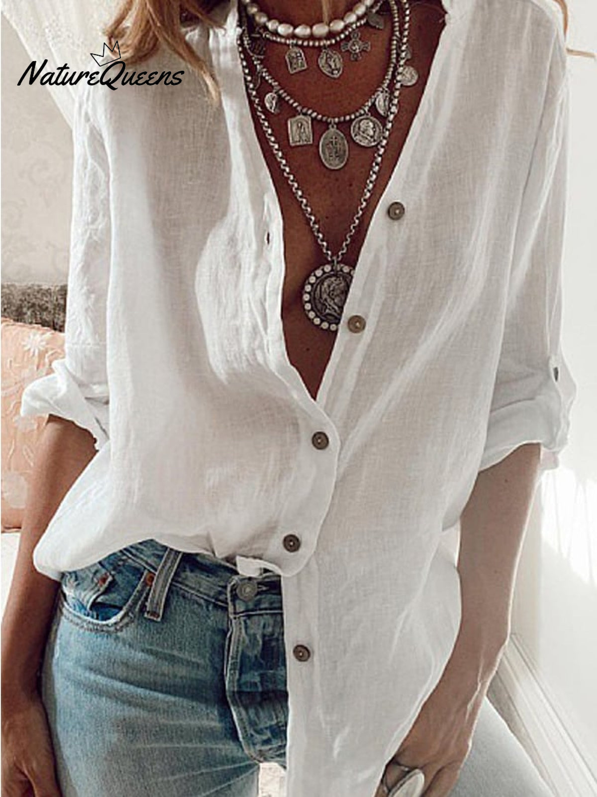 Ladies Cotton Linen Solid Color Pull-Sleeve Loose V-Neck Long-Sleeve Shirt