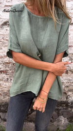 Solid Color Round Neck Half-sleeved Cotton Linen Blouse
