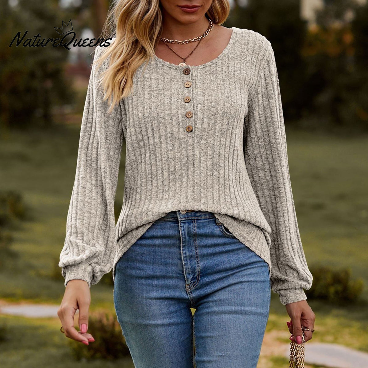 Women's Fall Button Scoop Neck Puff Long Sleeve Henley Shirts