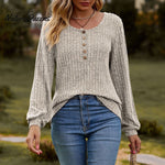 Women's Fall Button Scoop Neck Puff Long Sleeve Henley Shirts