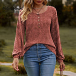 Women's Fall Button Scoop Neck Puff Long Sleeve Henley Shirts