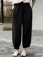 Women's Solid Color Loose Elastic Waist Casual Cotton And Linen Pants