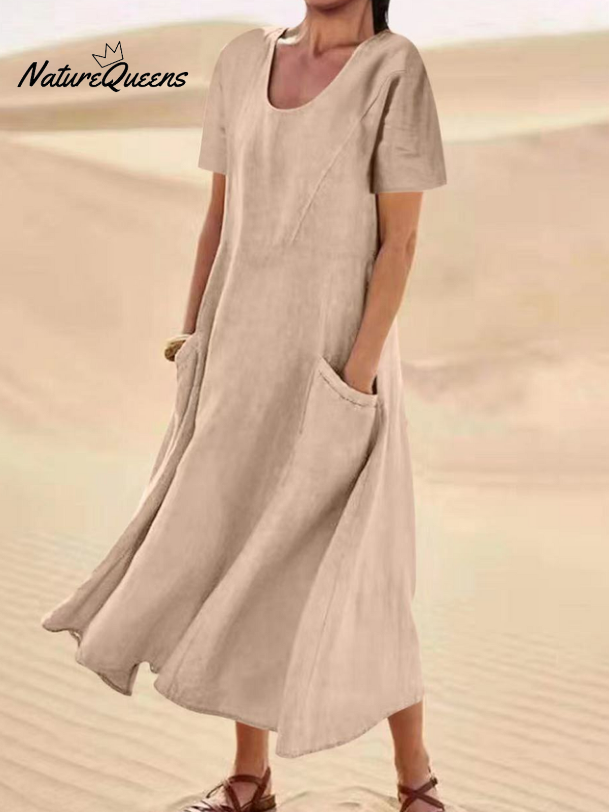 Jfn Cotton & Linen Solid Color Loose Casual Pocket Dress Khaki / S(6 - 8)