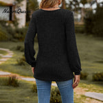 Women's Fall Button Scoop Neck Puff Long Sleeve Henley Shirts