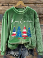 Women's Patriotic Christmas Tree With American Flag Colors Print Round Neck Sweatshirt