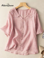 Cotton And Linen Retro Short Sleeved Navy Doll Collar Thin Shirt Pink / M