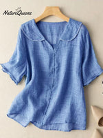 Cotton And Linen Retro Short Sleeved Navy Doll Collar Thin Shirt Blue / M
