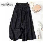 Cotton Linen Loose Semi - Elastic Cropped Pants Black / S