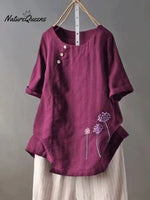 Women’s Embroidered Cotton And Linen O - Neck Button Short Sleeve Blouse Purple / M