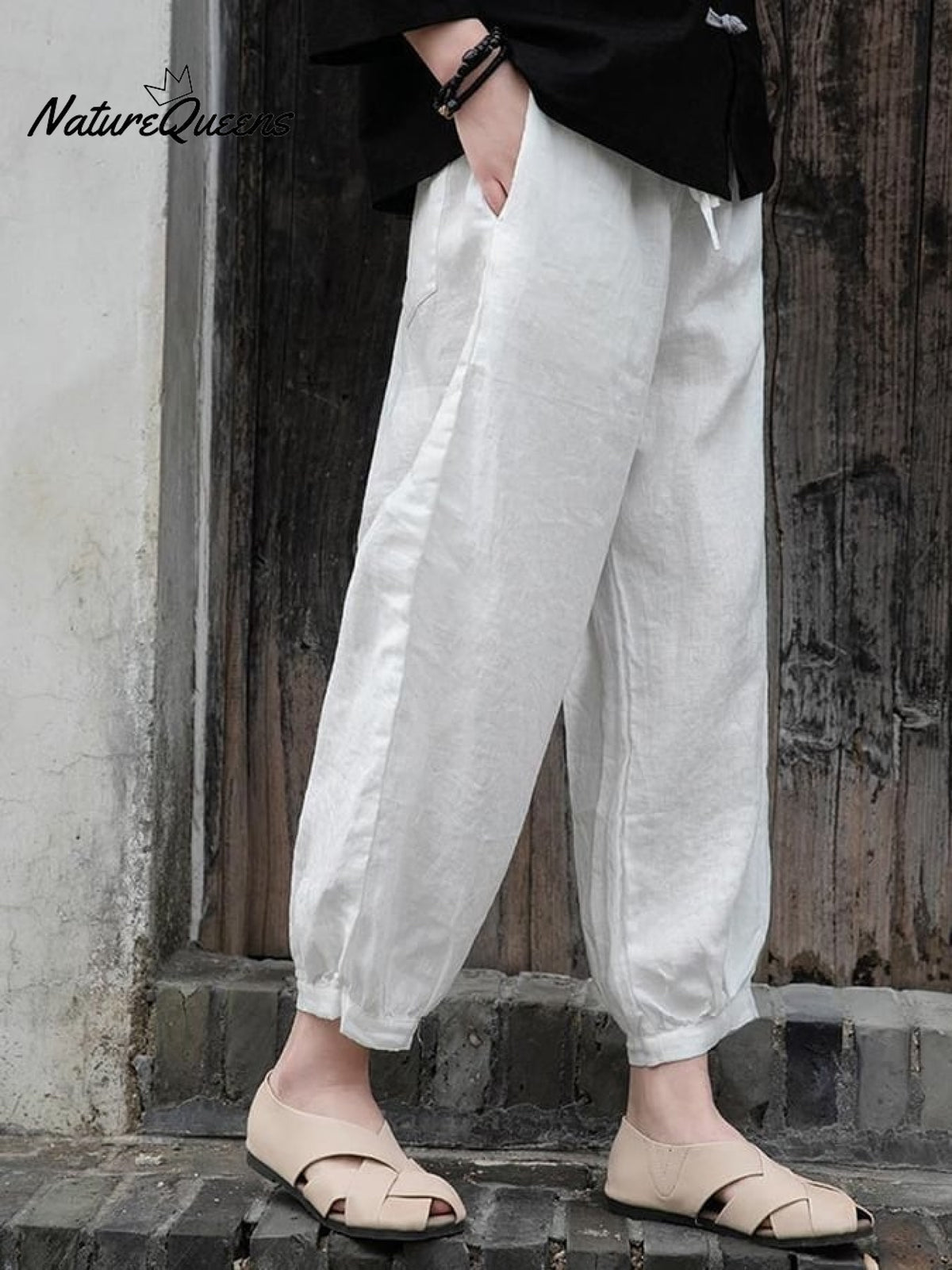 Women's Solid Color Loose Elastic Waist Casual Cotton And Linen Pants