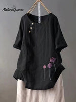 Women’s Embroidered Cotton And Linen O - Neck Button Short Sleeve Blouse Black / M