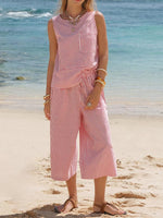Women'S Round-Neck Striped Sleeveless Top And Capri Pants Two-Piece Set