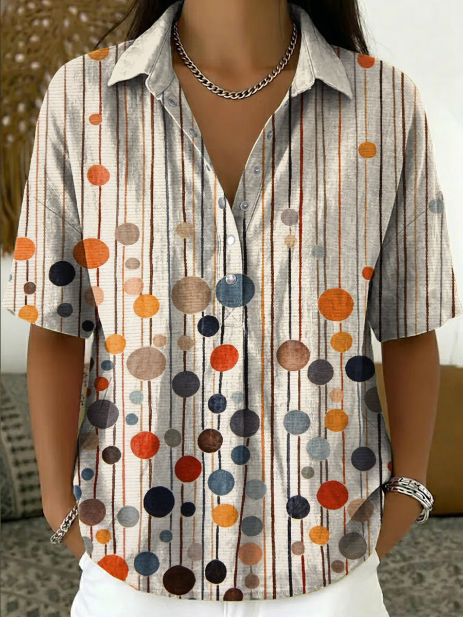 Women's Retro Color-block Polka Dot & Stripe Cotton-linen Short-sleeve Shirt