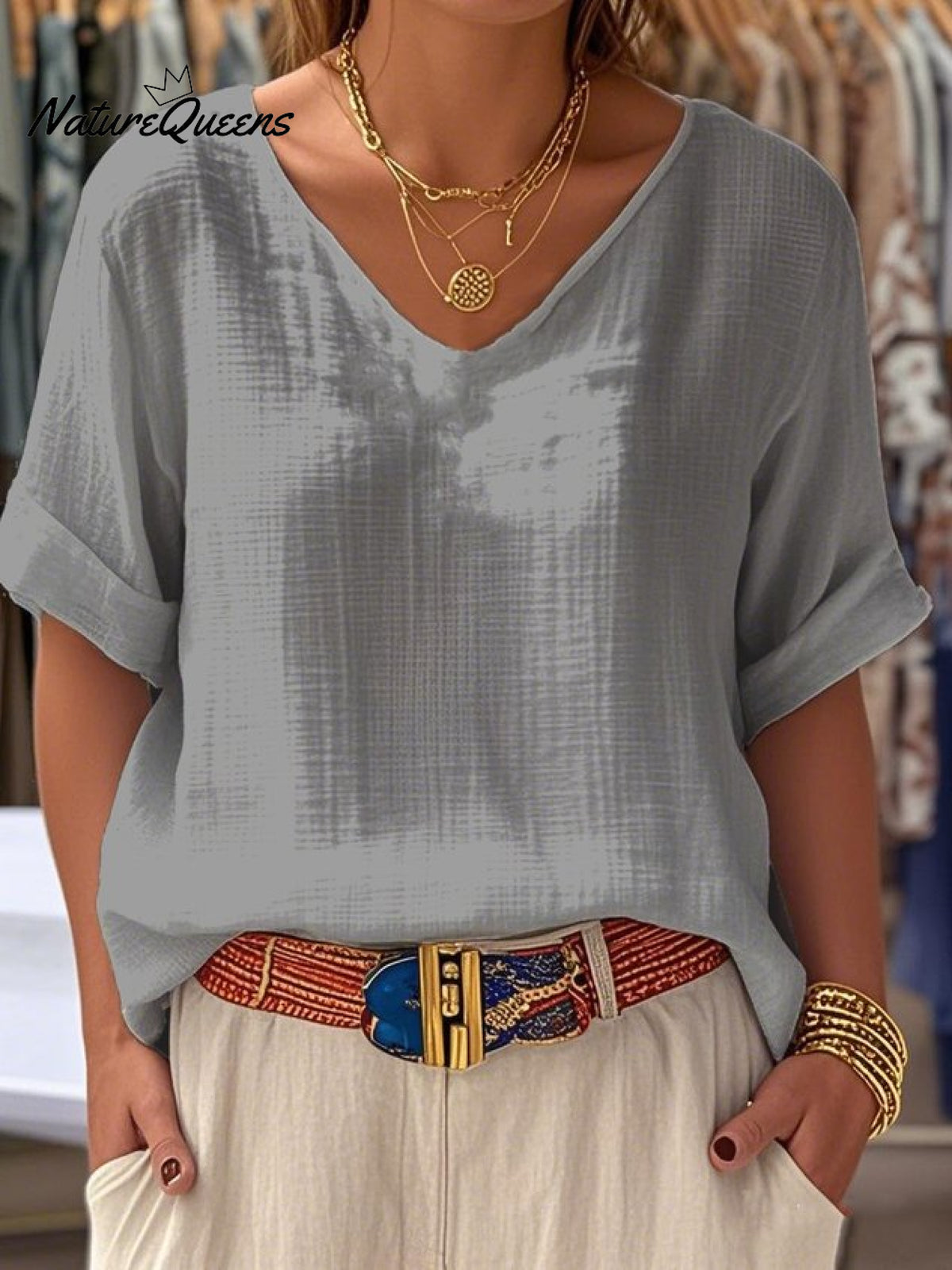 Crew Neck Short Sleeve Plain Regular Loose Tunic Blouse For Women