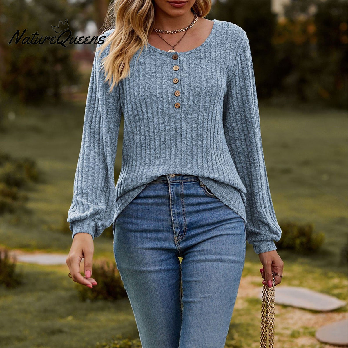 Women's Fall Button Scoop Neck Puff Long Sleeve Henley Shirts