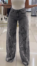 Women's Mid Waist Buttoned Lace Patchwork Jeans