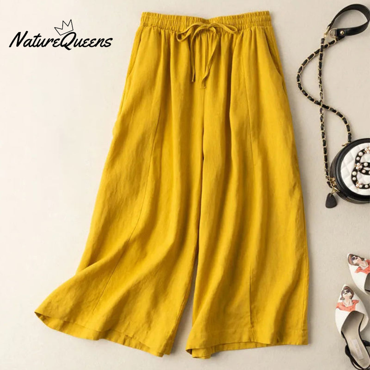 Dropping Cotton And Linen Cropped Wide - Leg Pants Yellow / S