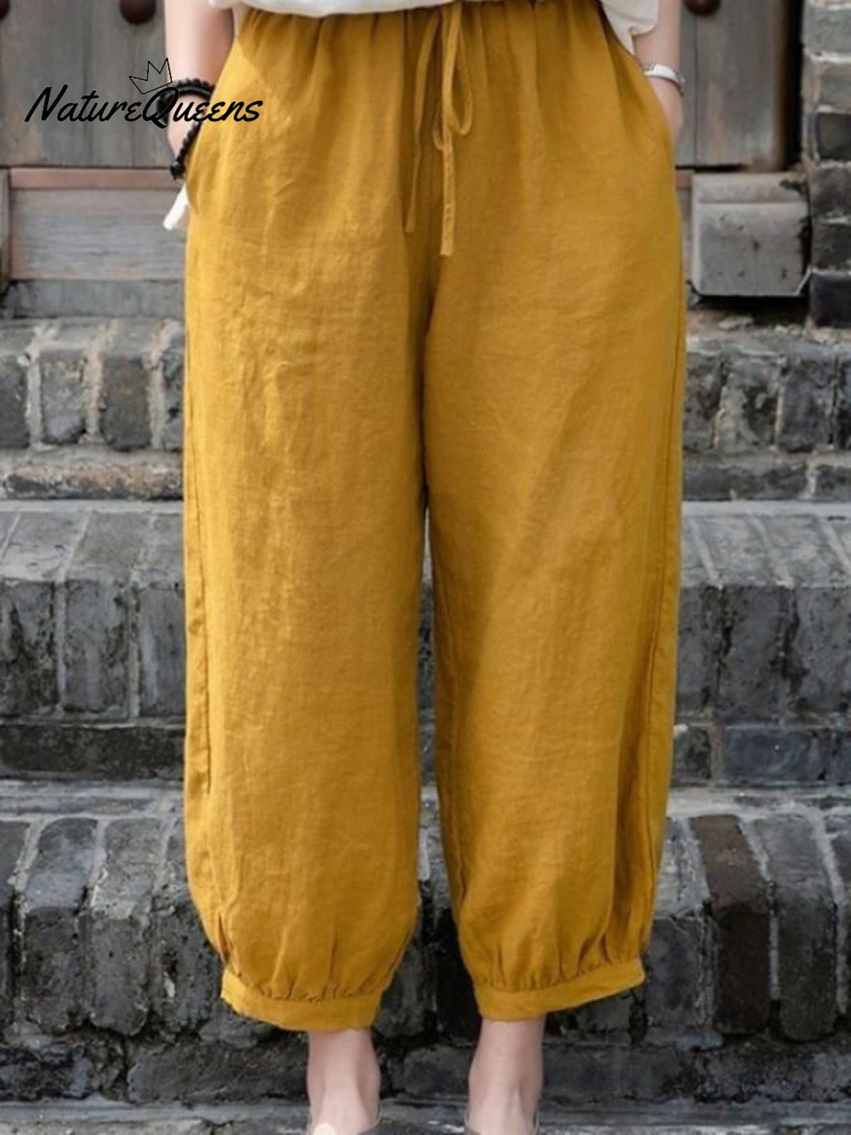 Women's Solid Color Loose Elastic Waist Casual Cotton And Linen Pants
