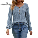 Women's Fall Button Scoop Neck Puff Long Sleeve Henley Shirts