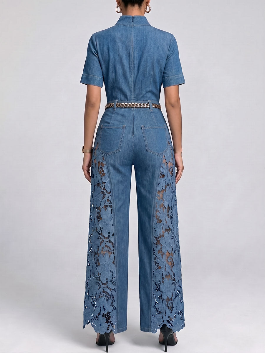 Women's V-neck Short-sleeve Cutout Lace Casual Loose-fit Wide-leg Denim Jumpsuit