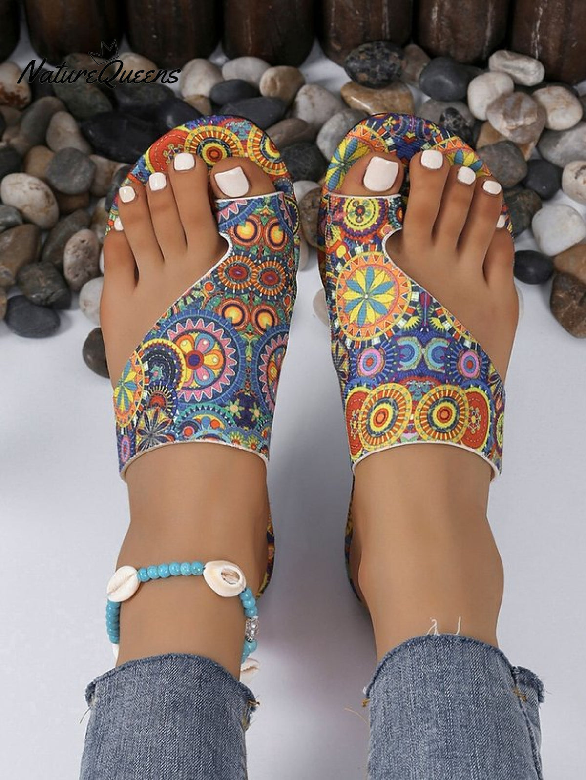 Ethnic Retro Flat Toe Slippers 2025 Summer New Breathable Printed Roman Style Slippers