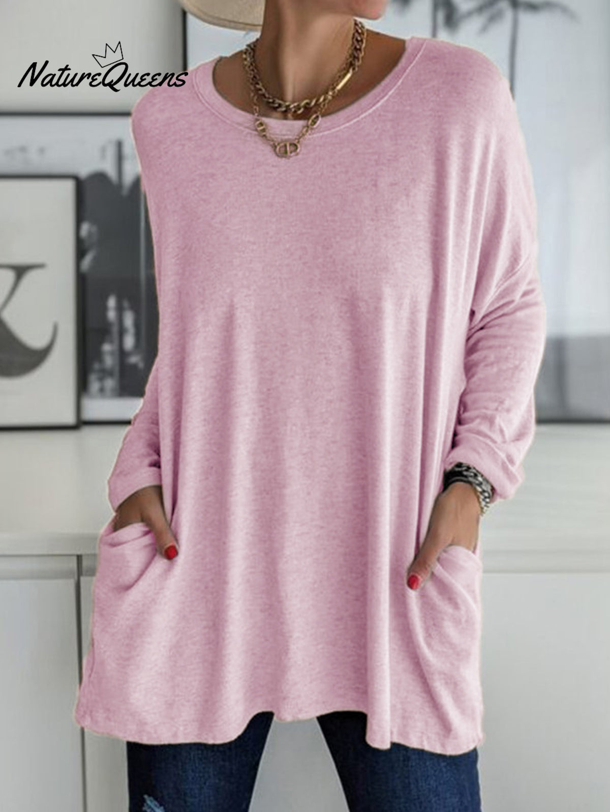 Casual Crew Neck With Pockets Loose Long Sleeve Blouse Pink / S