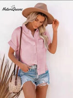 Women’s Cotton Linen Short Sleeves Ladies Lapel Buttoned Shirt Pink / S