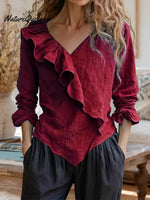 Women'S Solid Color V-Neck Ruffle Trim Cotton And Linen Top