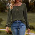 Women's Fall Button Scoop Neck Puff Long Sleeve Henley Shirts