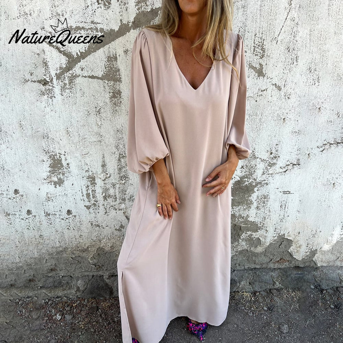 🔥Hot Sale 50% OFF🔥V-neck Solid Color Lantern Sleeve Dress
