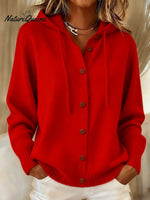 Women's Casual Retro Solid Color Knitted Hooded Cardigan