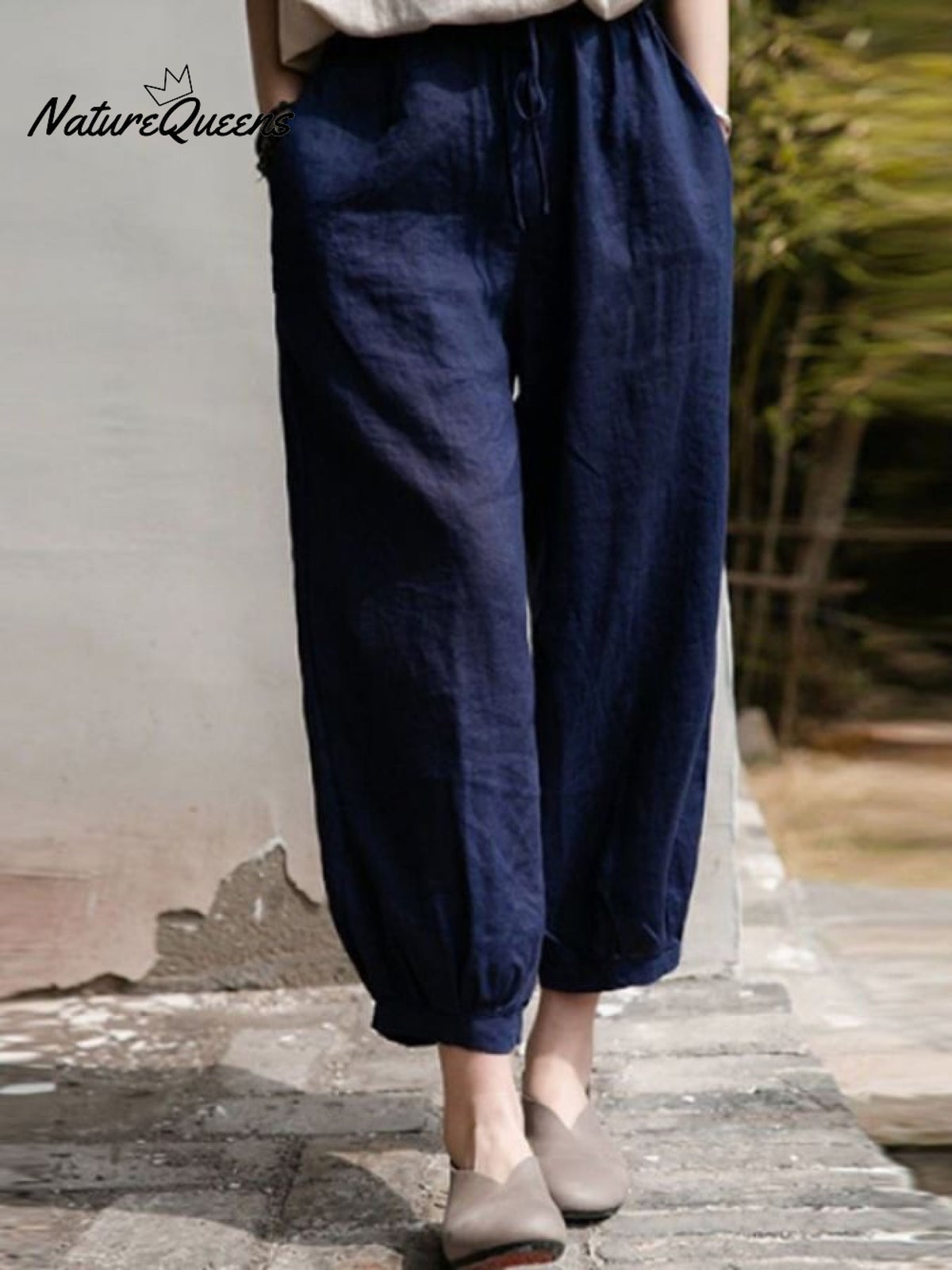 Women's Solid Color Loose Elastic Waist Casual Cotton And Linen Pants