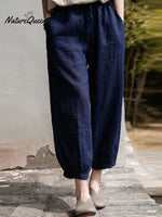 Women's Solid Color Loose Elastic Waist Casual Cotton And Linen Pants