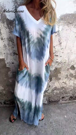 Tie - Dye V - Neck Long Comfortable Dress Blue / S(Us 6 - 8)