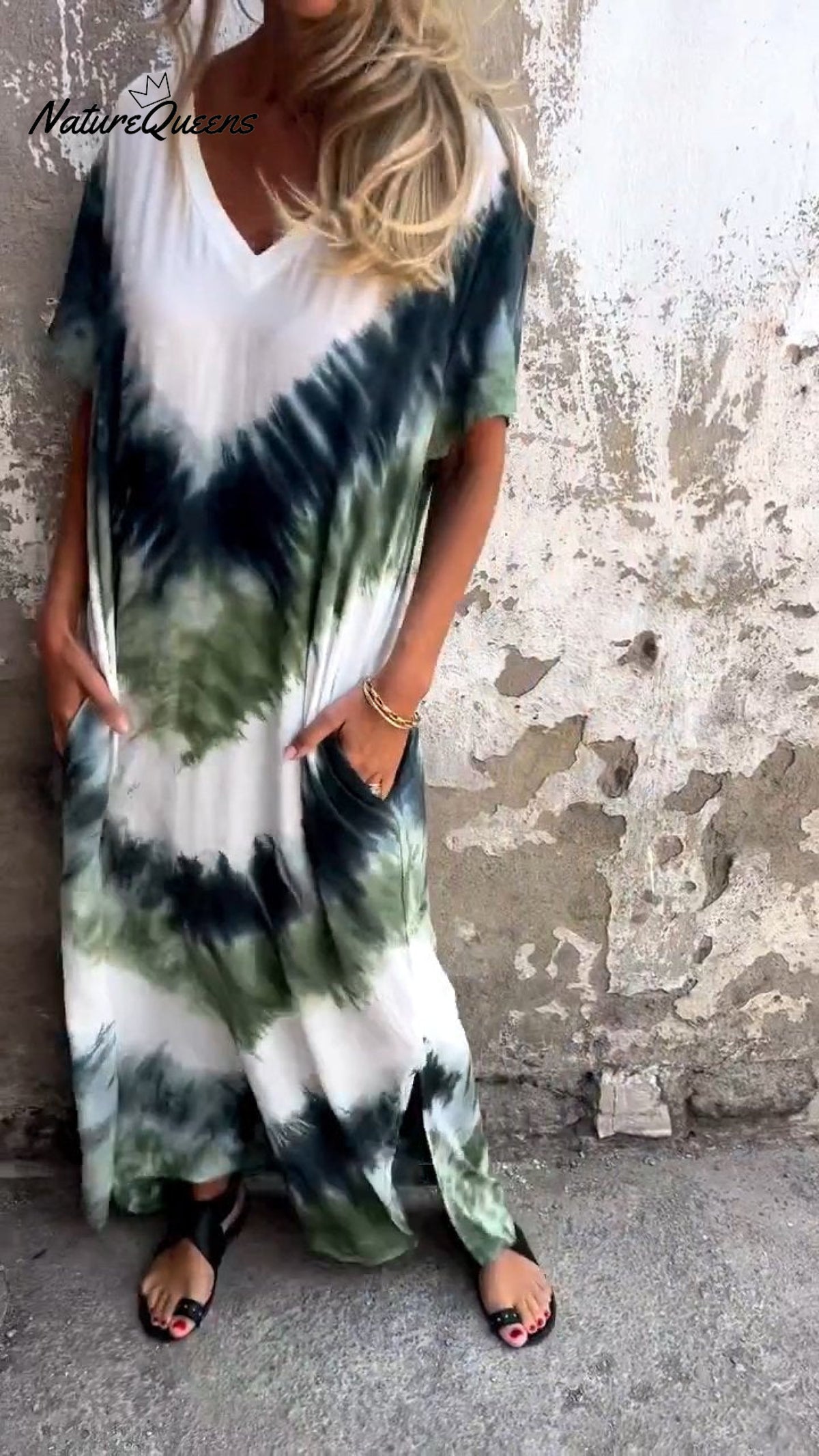 Tie - Dye V - Neck Long Comfortable Dress Green / S(Us 6 - 8)