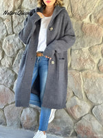 Women's Solid Color Knitted Sweater Hooded Long Coat
