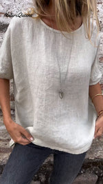 Round Neck Cotton And Linen T-Shirt White / S(Us 6-8)