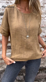 Round Neck Cotton And Linen T-Shirt Brown / S(Us 6-8)