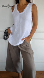 Cotton and Linen V-neck Raw Edge Design Vest