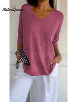 Women’s Solid Color Knitted 3/4 Sleeve V - Neck Top Rose Red / S