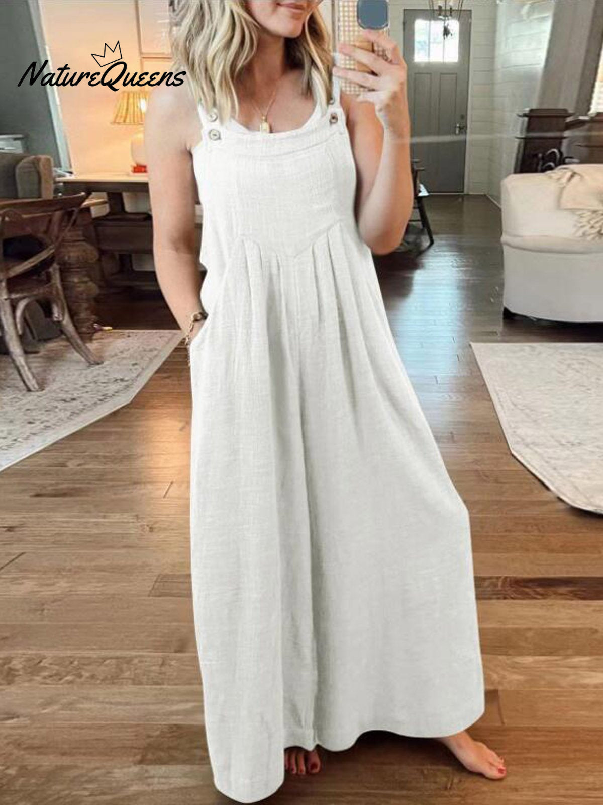 Women’s Solid Color Loose Elegant Casual Cotton Linen Suspender Jumpsuit White / S