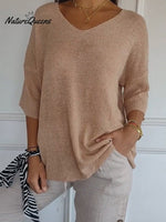Women’s Solid Color Knitted 3/4 Sleeve V - Neck Top Apricot / S