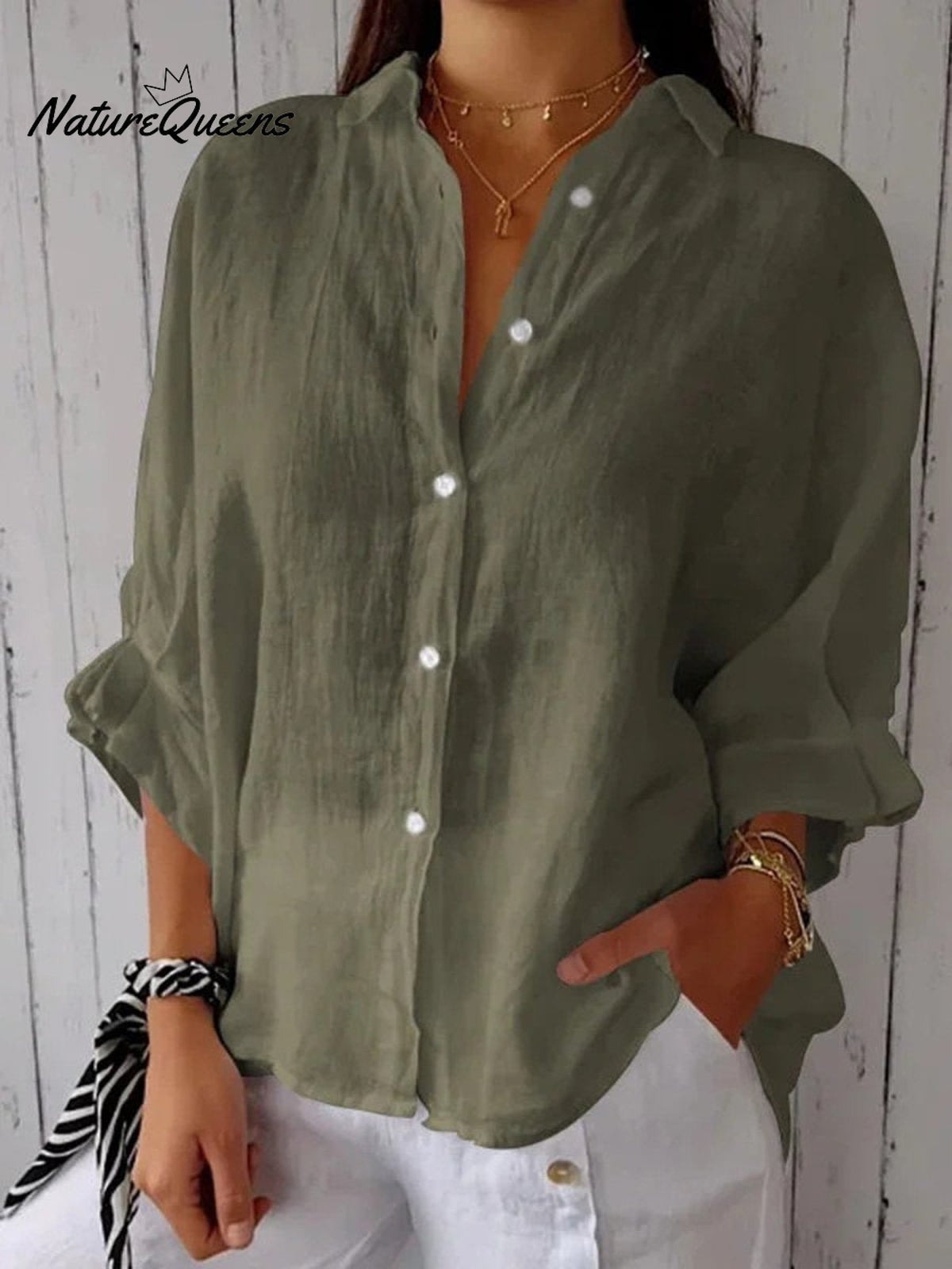 Women’s Cotton & Linen Casual Tie - Back Shirt Olive Green / S