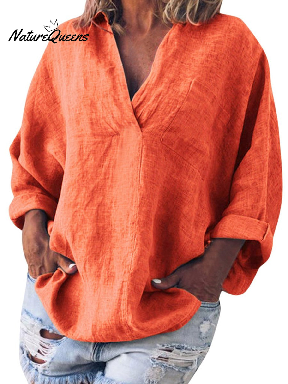 Women's Cotton and Linen V-neck Long-sleeved Pullover Top