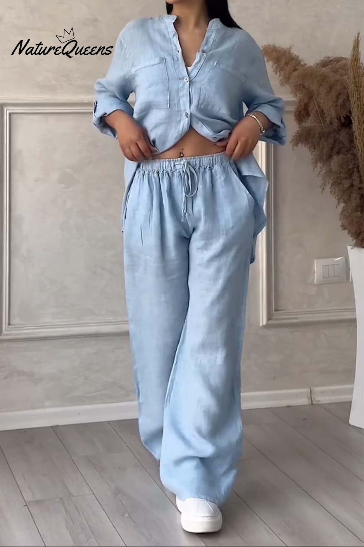 Casual solid color cotton and linen pants two-piece set